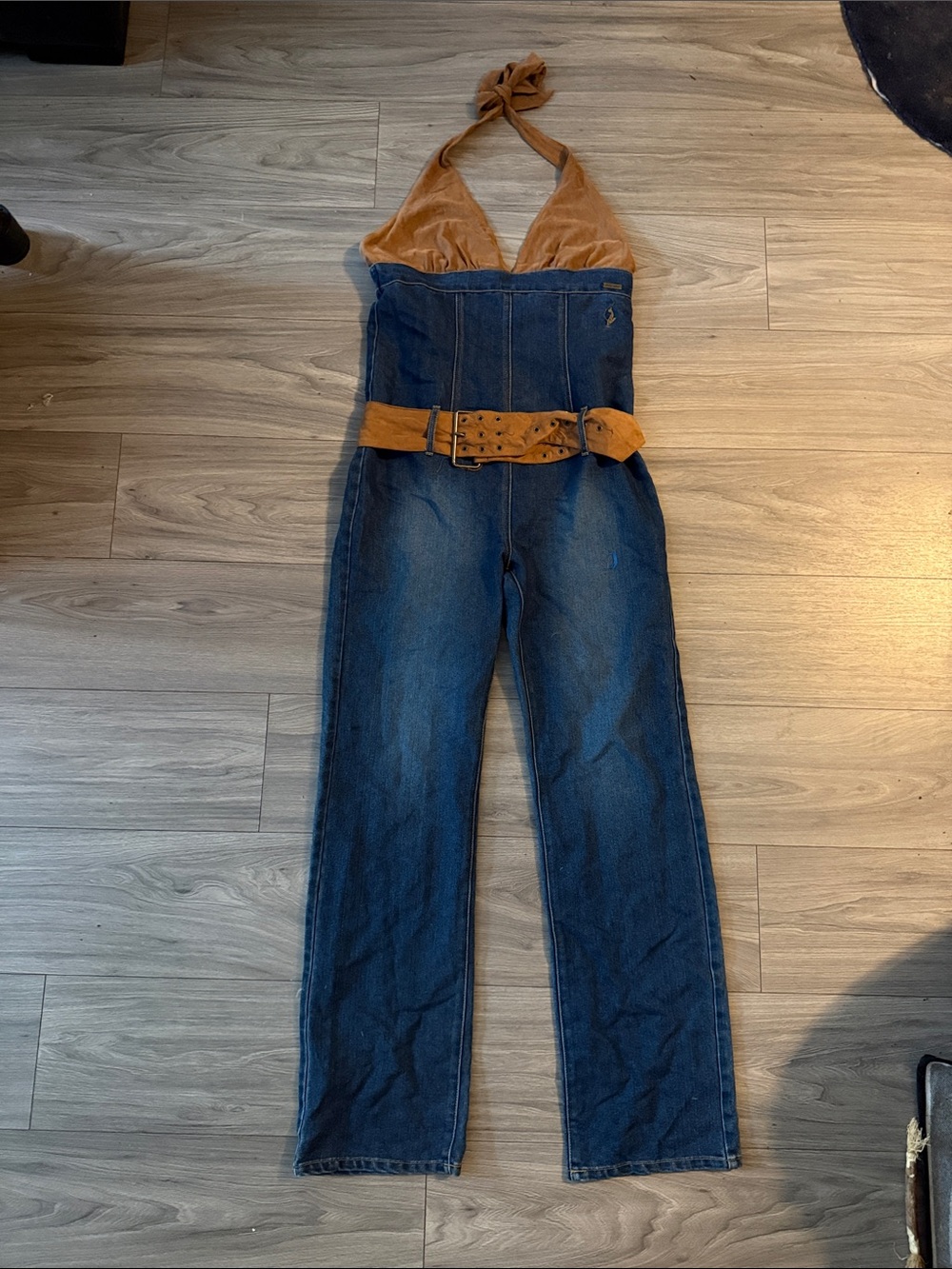 Baby Phat Blue Denim Halter Jumpsuit with Tan Accents
